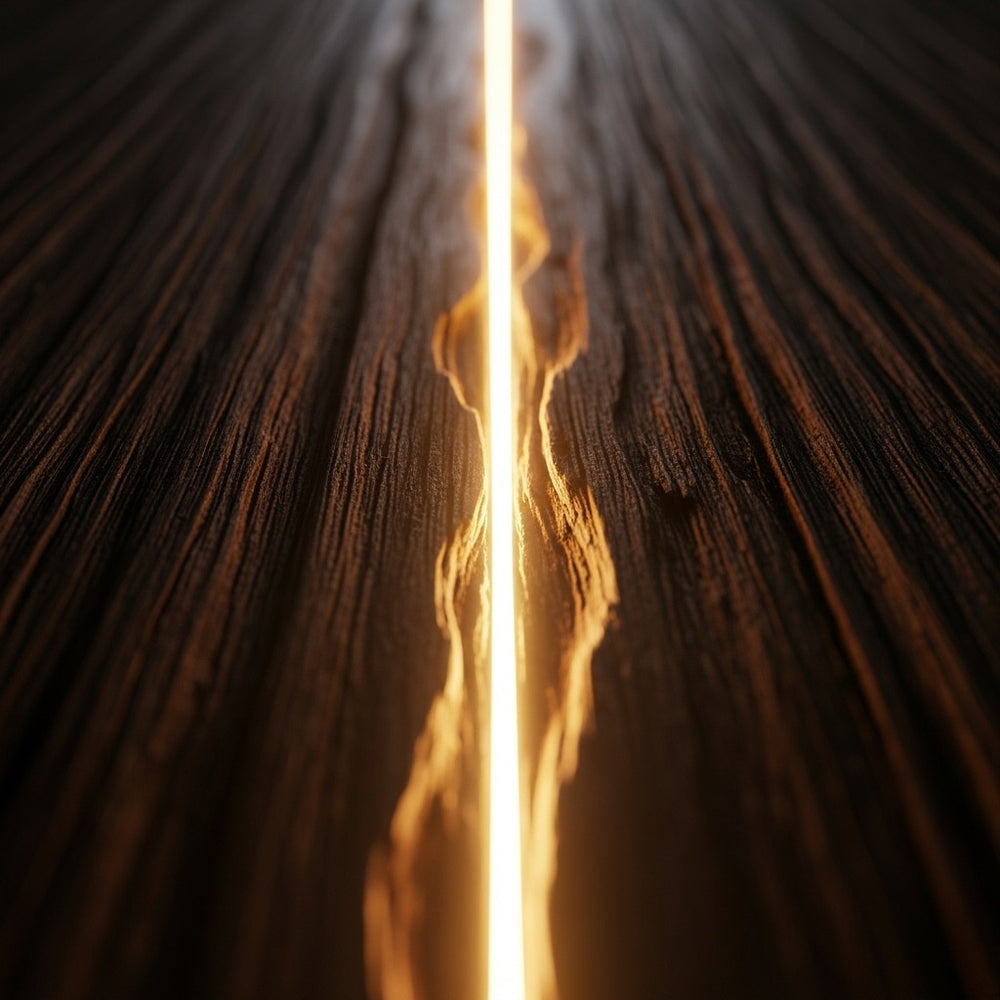 A deep, glowing groove carved into a dark, textured wooden surface, symbolizing immediate presence.