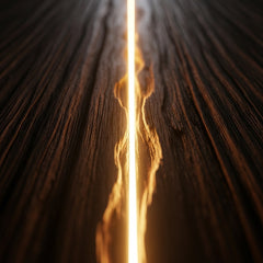 A deep, glowing groove carved into a dark, textured wooden surface, symbolizing immediate presence.
