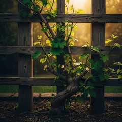 An abstract image of a strong wooden trellis supporting a vibrant, pruned vine reaching for light.