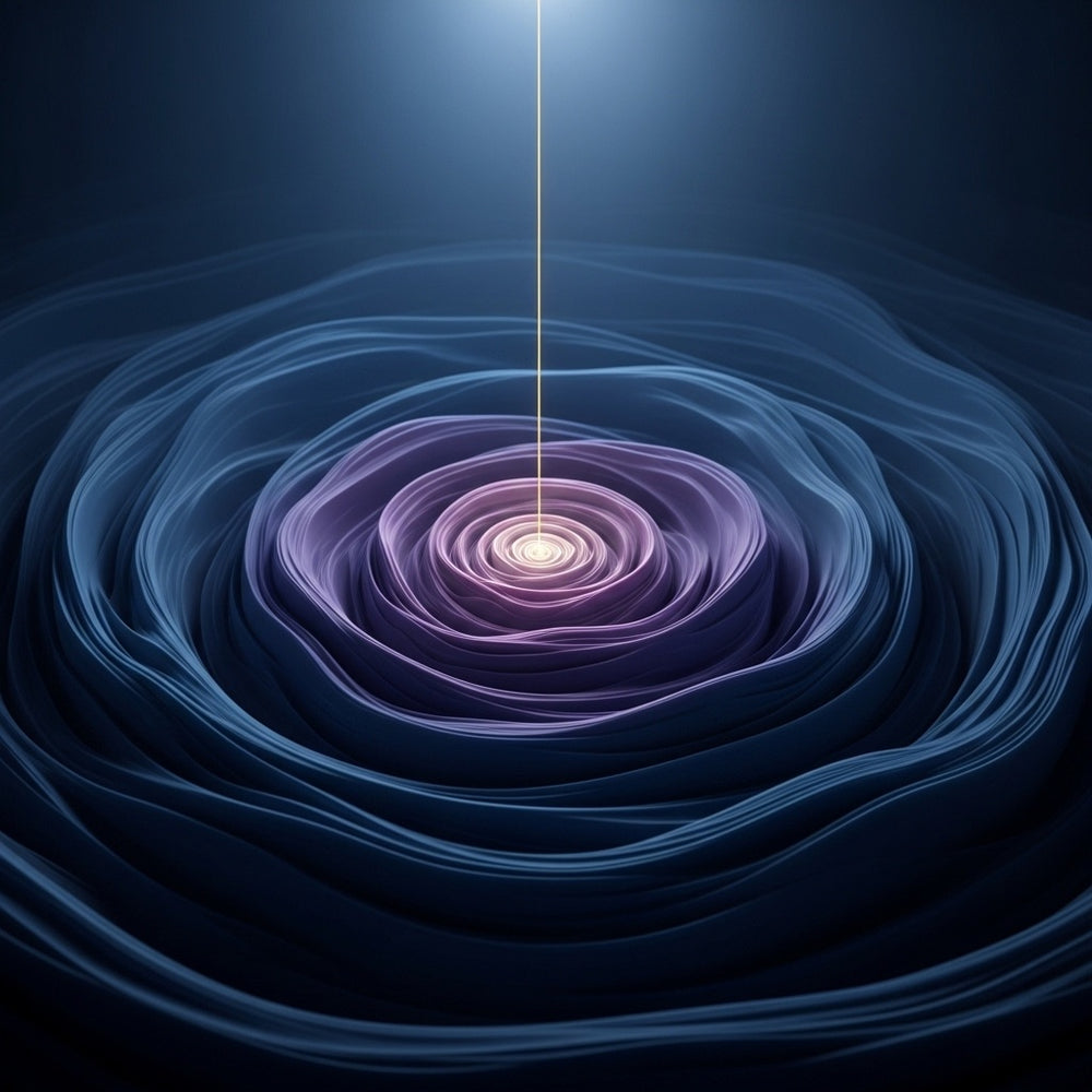 Abstract art with swirling blues and purples, a golden thread rising to a soft light.