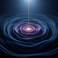 Abstract art with swirling blues and purples, a golden thread rising to a soft light.