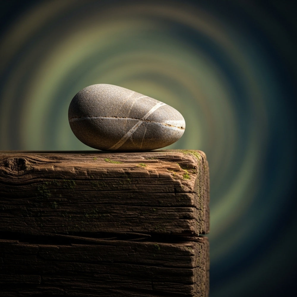 A smooth, weathered stone balanced on an old wooden beam against a blurred, soft background.