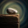 A smooth, weathered stone balanced on an old wooden beam against a blurred, soft background.