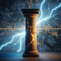 An ancient, illuminated stone pillar stands firm amidst abstract digital noise and glowing data streams.