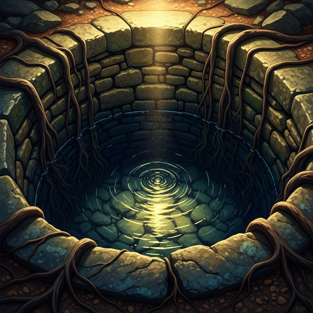 An abstract image of an ancient stone well with glowing water and deep roots, reflecting serenity.