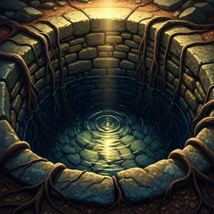 An abstract image of an ancient stone well with glowing water and deep roots, reflecting serenity.