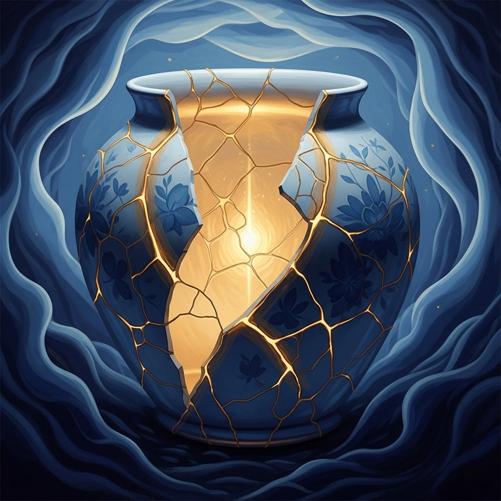 Abstract image of a beautiful porcelain vase with golden lines mending its cracks, glowing softly.