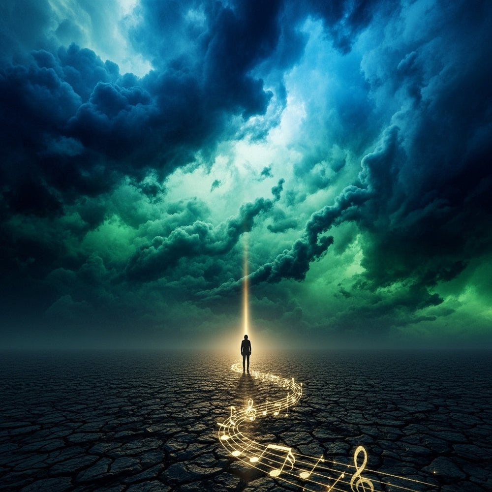 Abstract art of a figure under a turbulent sky, with a single golden light ray and faint musical notes.