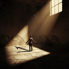 An empty, crumbling room with a single figure's shadow and open hands in golden light.