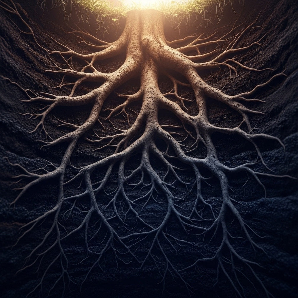 Abstract image of ancient tree roots reaching deep into rich soil, with ethereal light.
