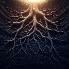 Abstract image of ancient tree roots reaching deep into rich soil, with ethereal light.