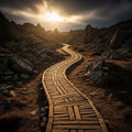 A winding path through a wilderness, with golden light and wooden structural elements.