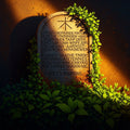 An ancient, moss-covered stone tablet emerges from vibrant spring foliage, signifying enduring truth.