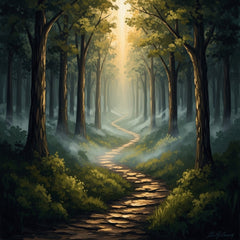 An abstract, misty forest path illuminated by a single, guiding light source.