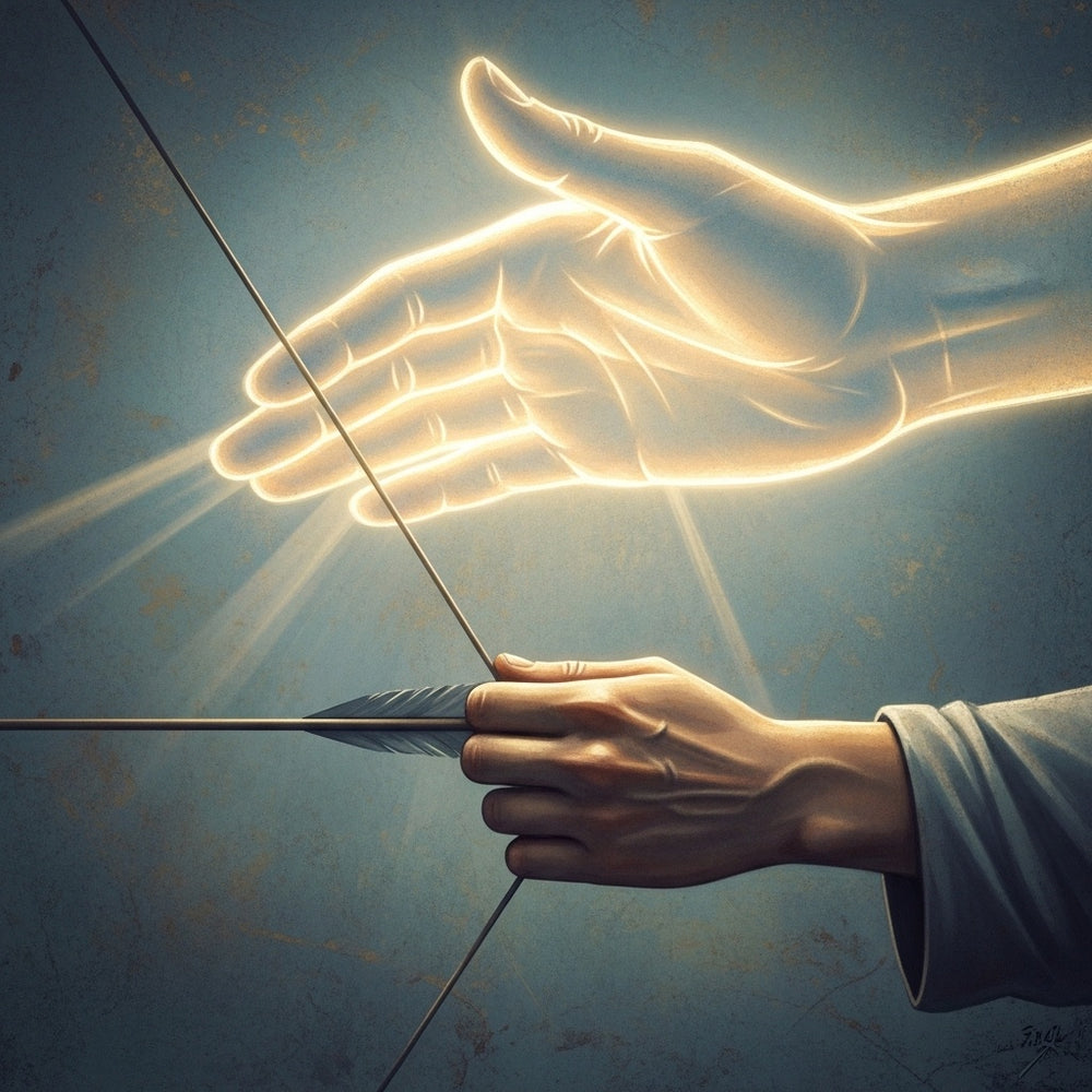 An ethereal, larger hand gently reinforces a smaller human hand gripping a bowstring, glowing with warmth.