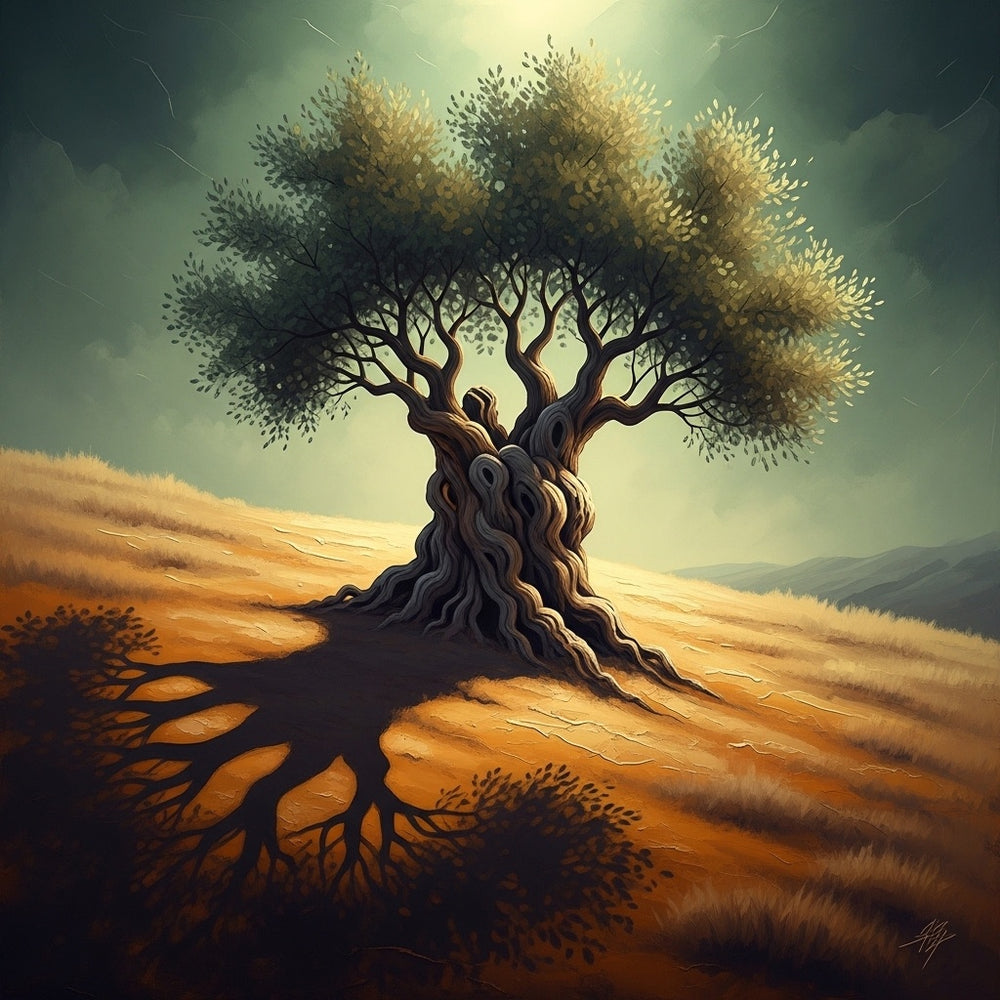 An abstract, cinematic image of an ancient, gnarled olive tree on a sun-baked hillside, symbolizing enduring power.