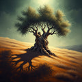 An abstract, cinematic image of an ancient, gnarled olive tree on a sun-baked hillside, symbolizing enduring power.
