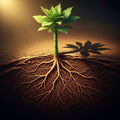 Vibrant plant with deep roots in textured soil, bathed in warm light, symbolizing divine presence and renewal.