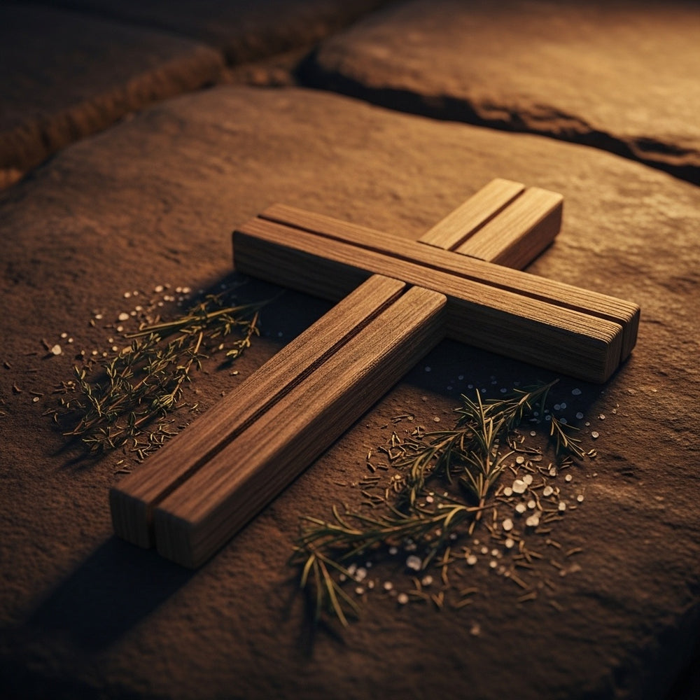 A wooden cross resting on a textured stone surface with scattered salt and herbs, bathed in soft light.