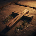 A wooden cross resting on a textured stone surface with scattered salt and herbs, bathed in soft light.