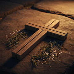 A wooden cross resting on a textured stone surface with scattered salt and herbs, bathed in soft light.