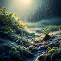 Abstract art showing gentle, abundant rain nourishing green `undergrowth` and small `seedlings` on a `frost`-dusted ground.