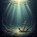 Abstract image of a deep, still ocean floor with an illuminated ancient anchor.