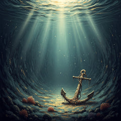 Abstract image of a deep, still ocean floor with an illuminated ancient anchor.