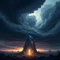 Turbulent storm clouds gather over a landscape, while a single, warm, glowing rock provides serene refuge.