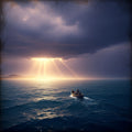 A tiny, isolated boat on a stormy sea, moving away from a distant, golden light on the horizon.