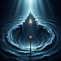 An illuminated compass needle pointing upward through dark, swirling waters with light from above.