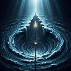 An illuminated compass needle pointing upward through dark, swirling waters with light from above.