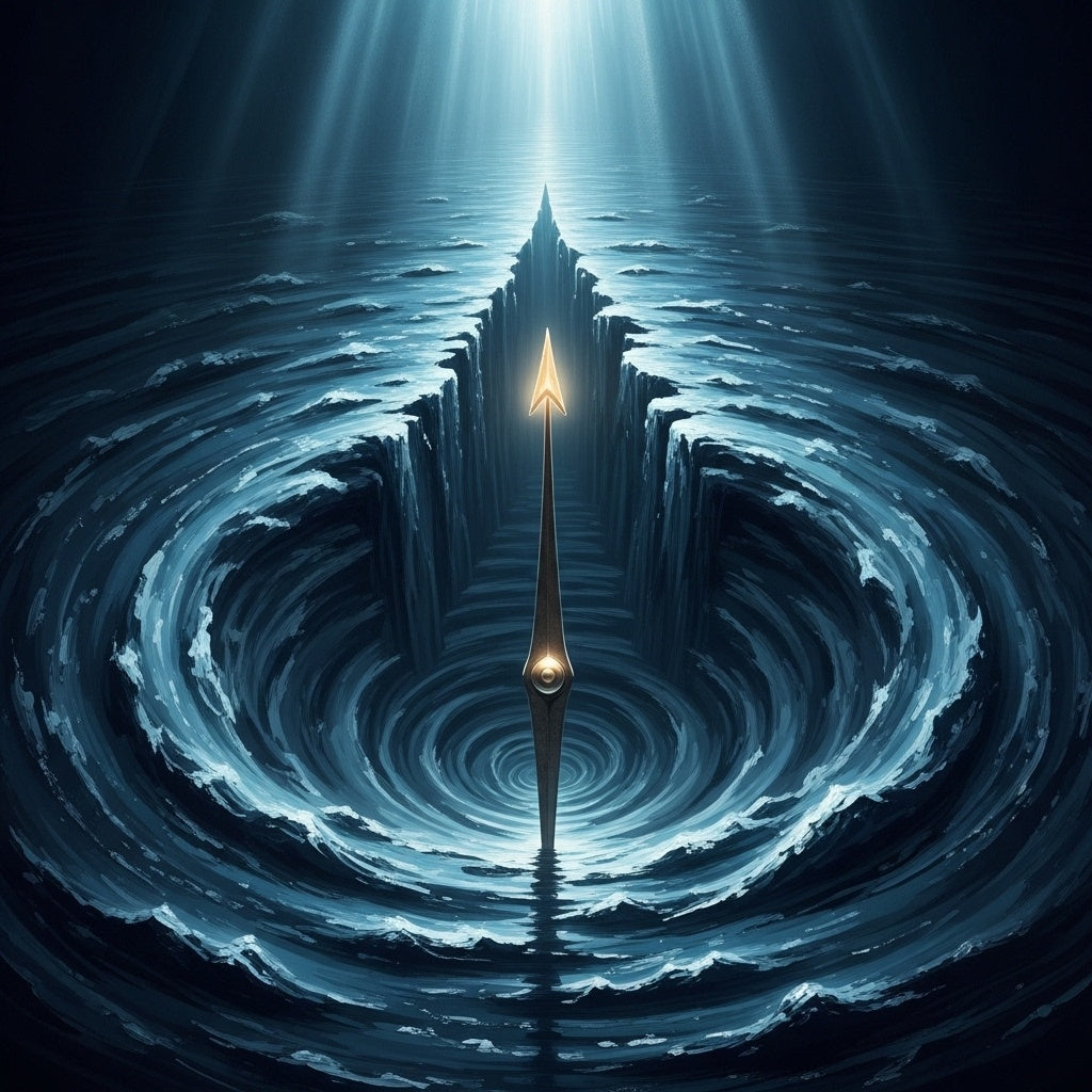 An illuminated compass needle pointing upward through dark, swirling waters with light from above.