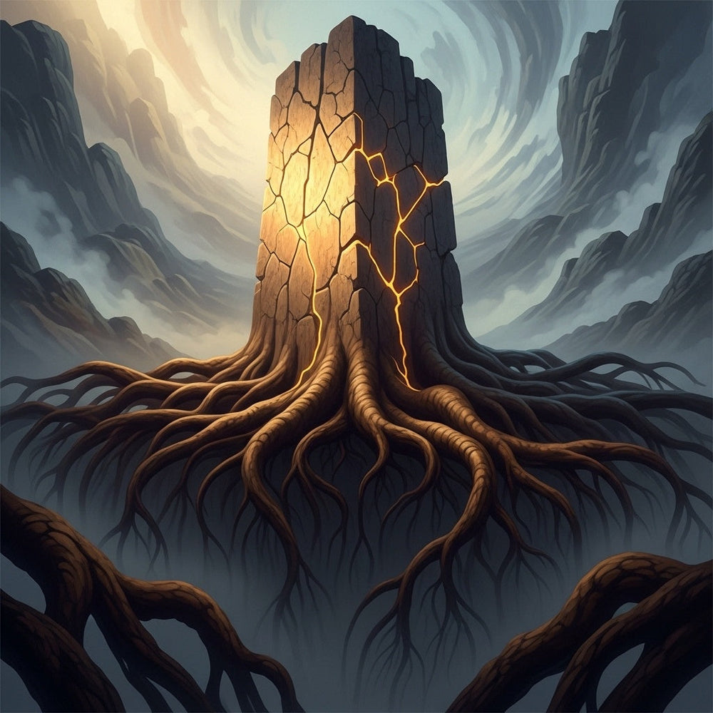 Abstract art showing glowing ancient roots anchoring a stone structure in a swirling, misty landscape.