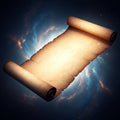 An abstract image of a glowing, ancient scroll blending into a starry, cosmic background.