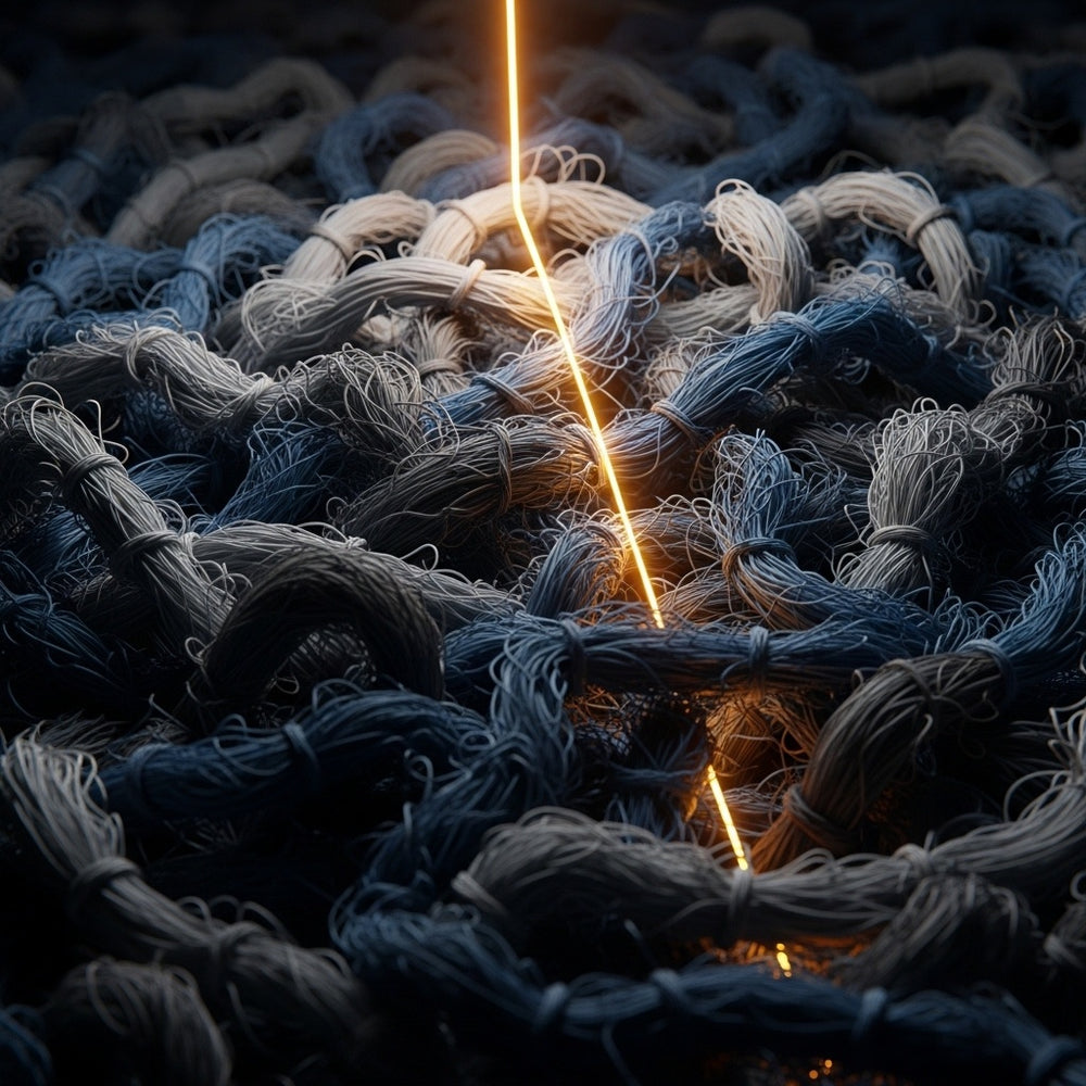 A single, glowing golden thread provides an anchor amidst a chaotic tangle of gray threads.
