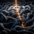A single, glowing golden thread provides an anchor amidst a chaotic tangle of gray threads.