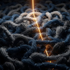 A single, glowing golden thread provides an anchor amidst a chaotic tangle of gray threads.