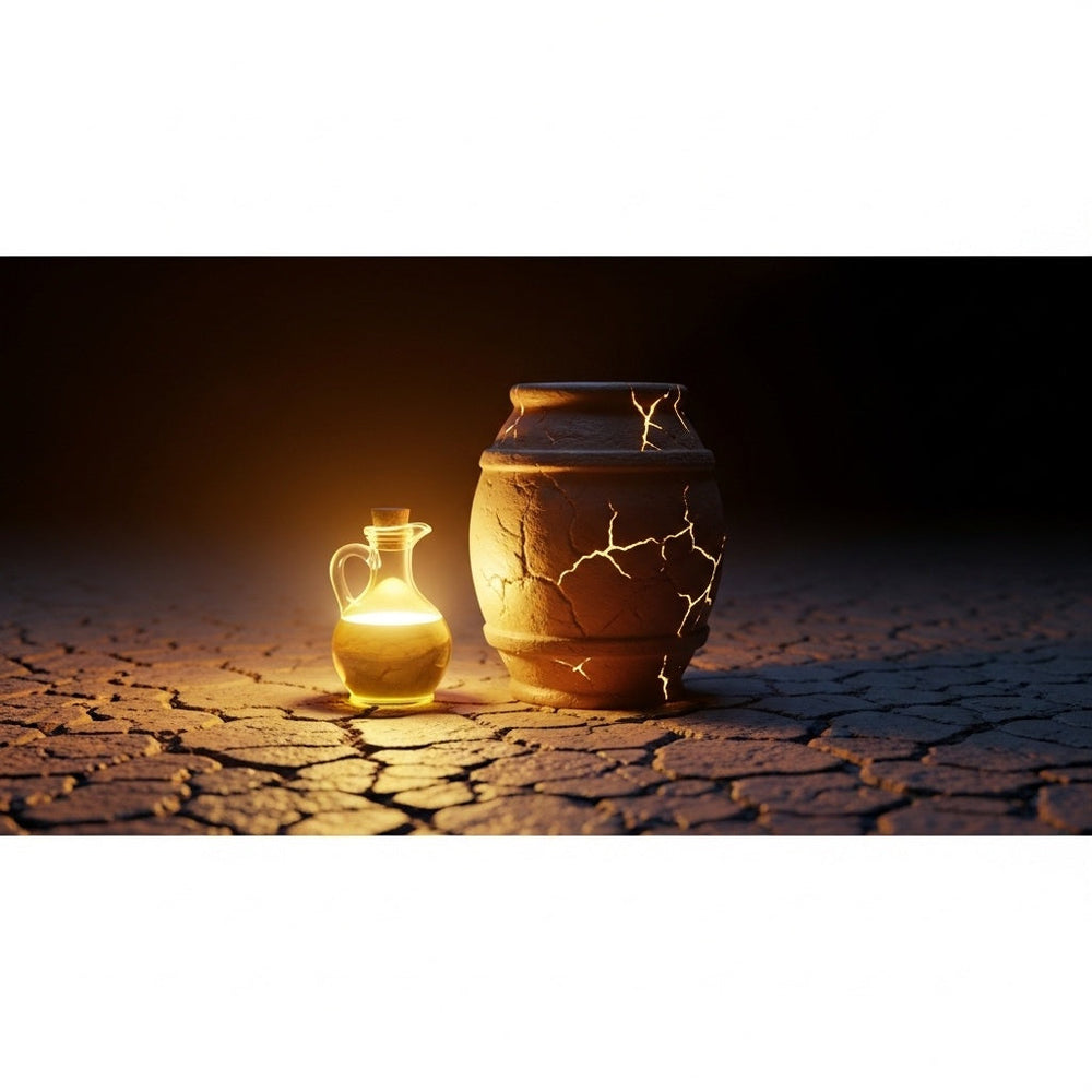 A glowing clay jar and oil cruse sit on cracked earth, representing endless divine provision.