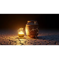 A glowing clay jar and oil cruse sit on cracked earth, representing endless divine provision.