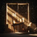 A barricaded wooden door with warm light seeping through the cracks from the outside.