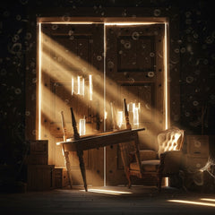 A barricaded wooden door with warm light seeping through the cracks from the outside.
