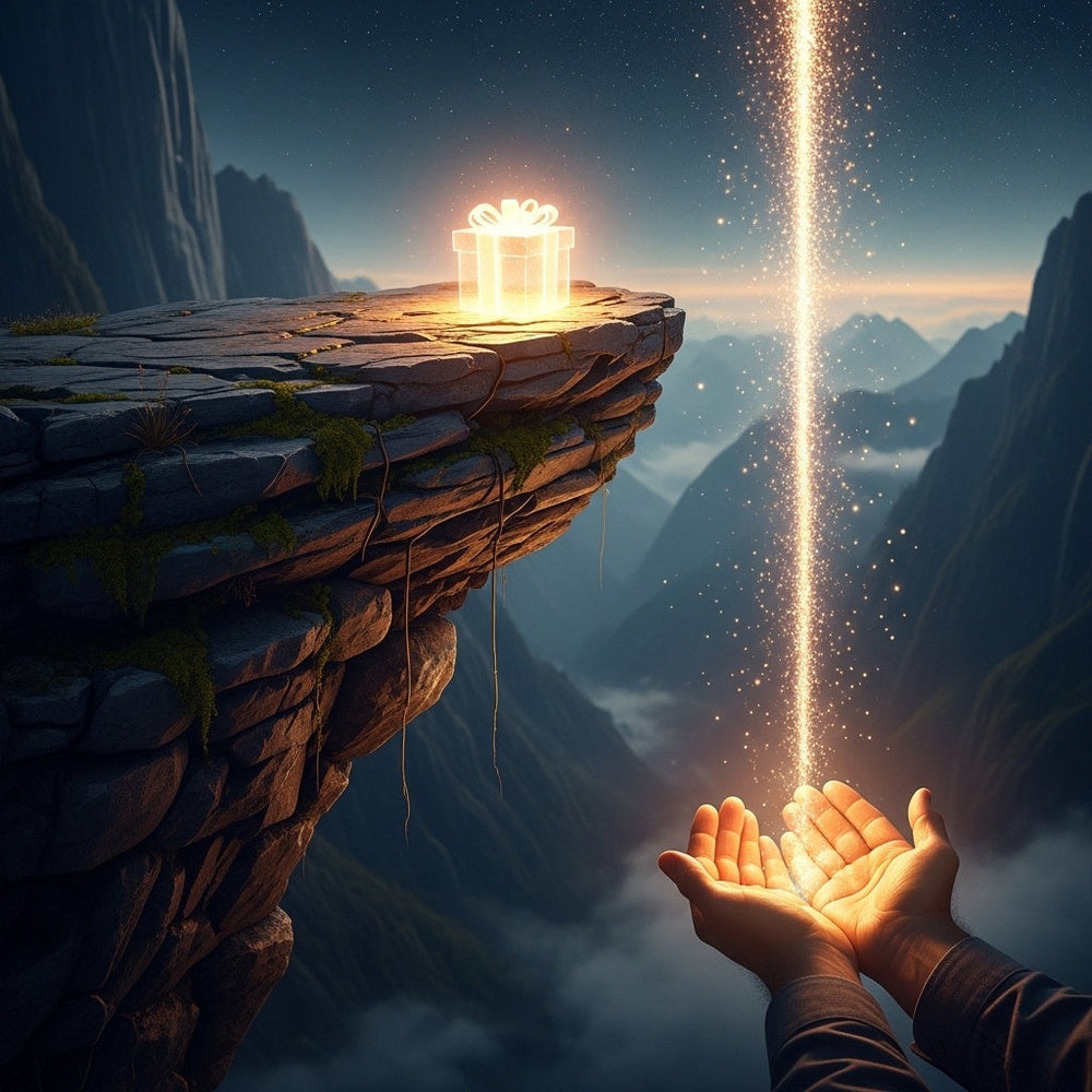 A beam of light from above illuminates a gift on a high shelf, reaching down towards open hands.