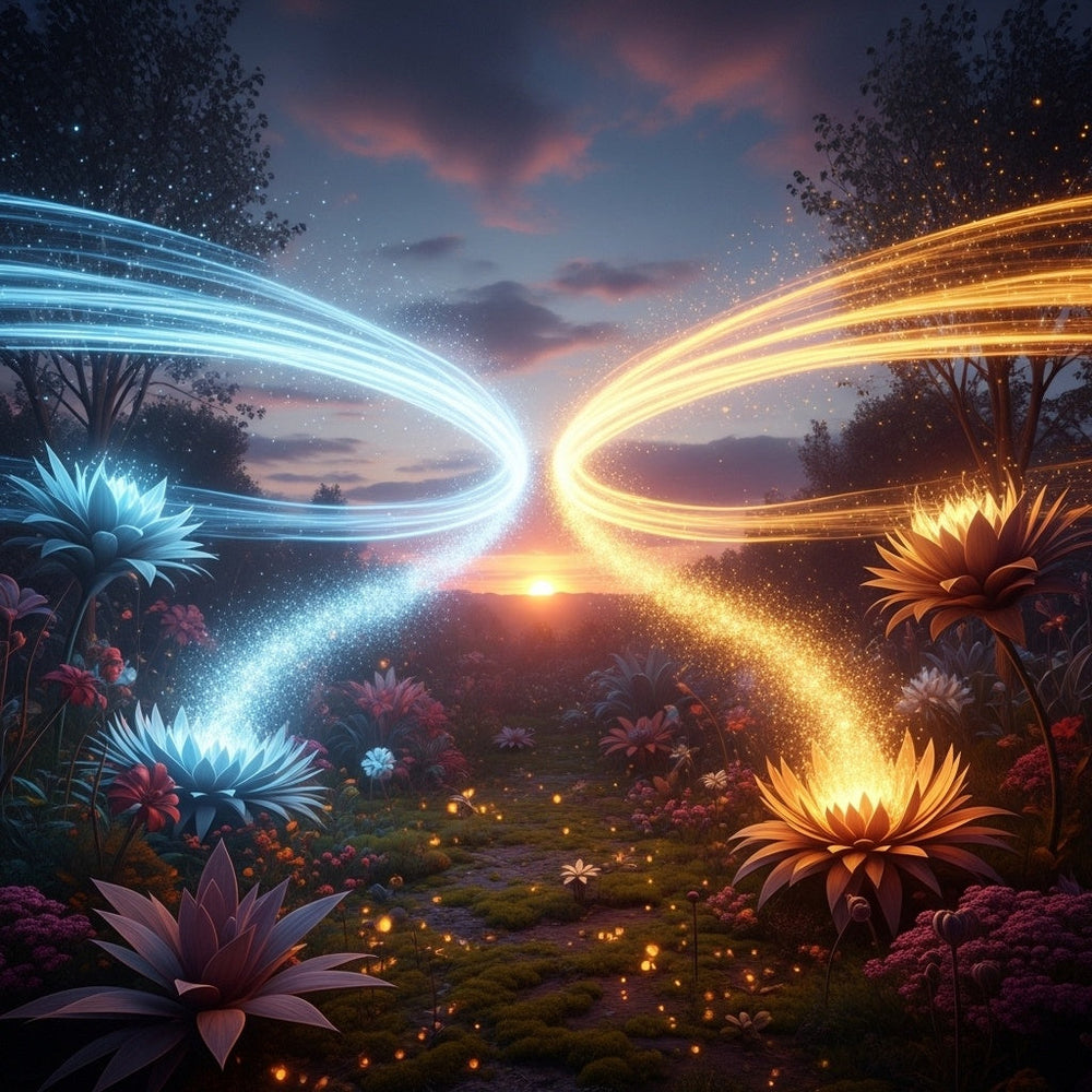Abstract depiction of a garden with swirling blue and gold winds releasing light from flowers at dusk.