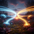 Abstract depiction of a garden with swirling blue and gold winds releasing light from flowers at dusk.