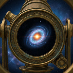 An ancient telescope points toward a brilliant star holding a colorful nebula in orbit.
