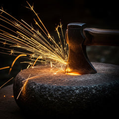 An abstract image of a glowing axe head being sharpened on a dark stone, creating golden sparks.