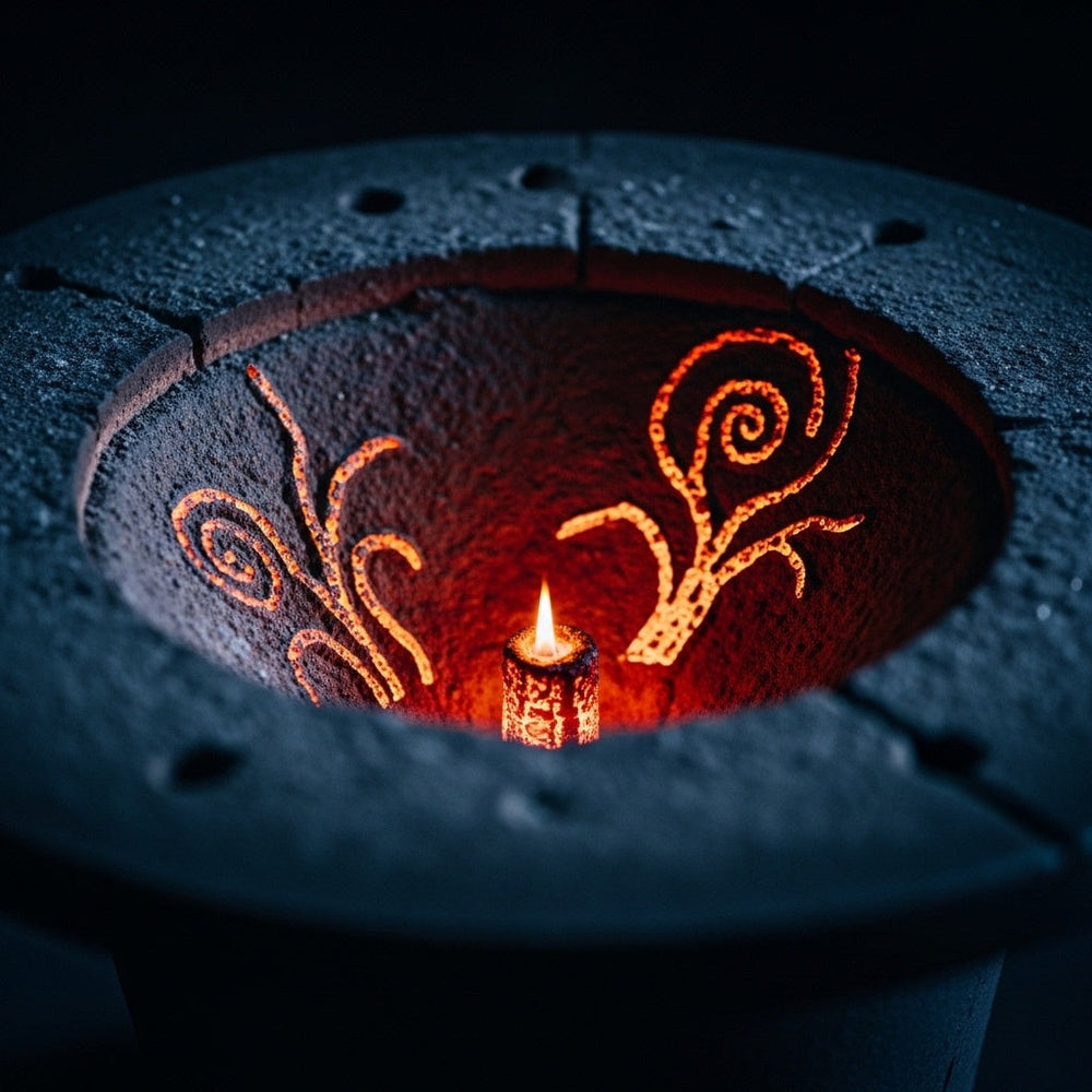 A single glowing ember illuminates the dark, textured interior of a metal furnace.