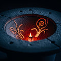 A single glowing ember illuminates the dark, textured interior of a metal furnace.