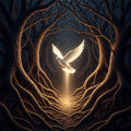 Abstract image of a glowing white dove descending into a dark tangle of roots.